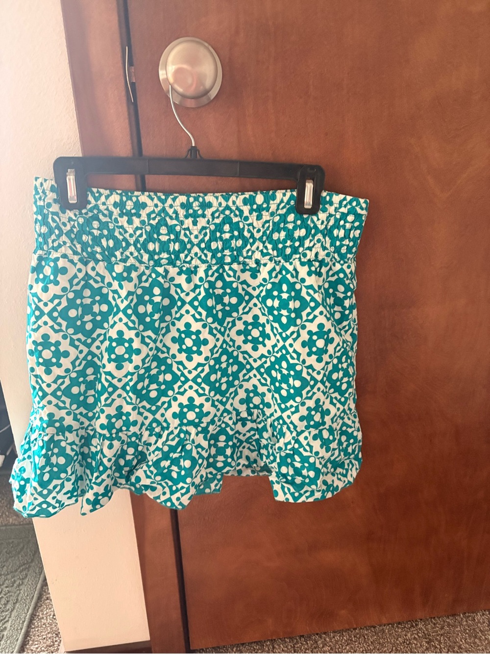Smocked Waist Teal and White Mini Skirt